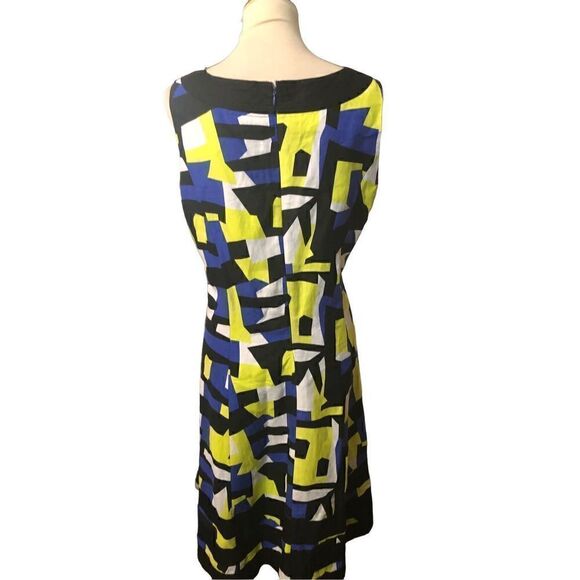 Ashley Stewart linen blend A line midi geometric design blue, yellow and black s - Picture 8 of 13
